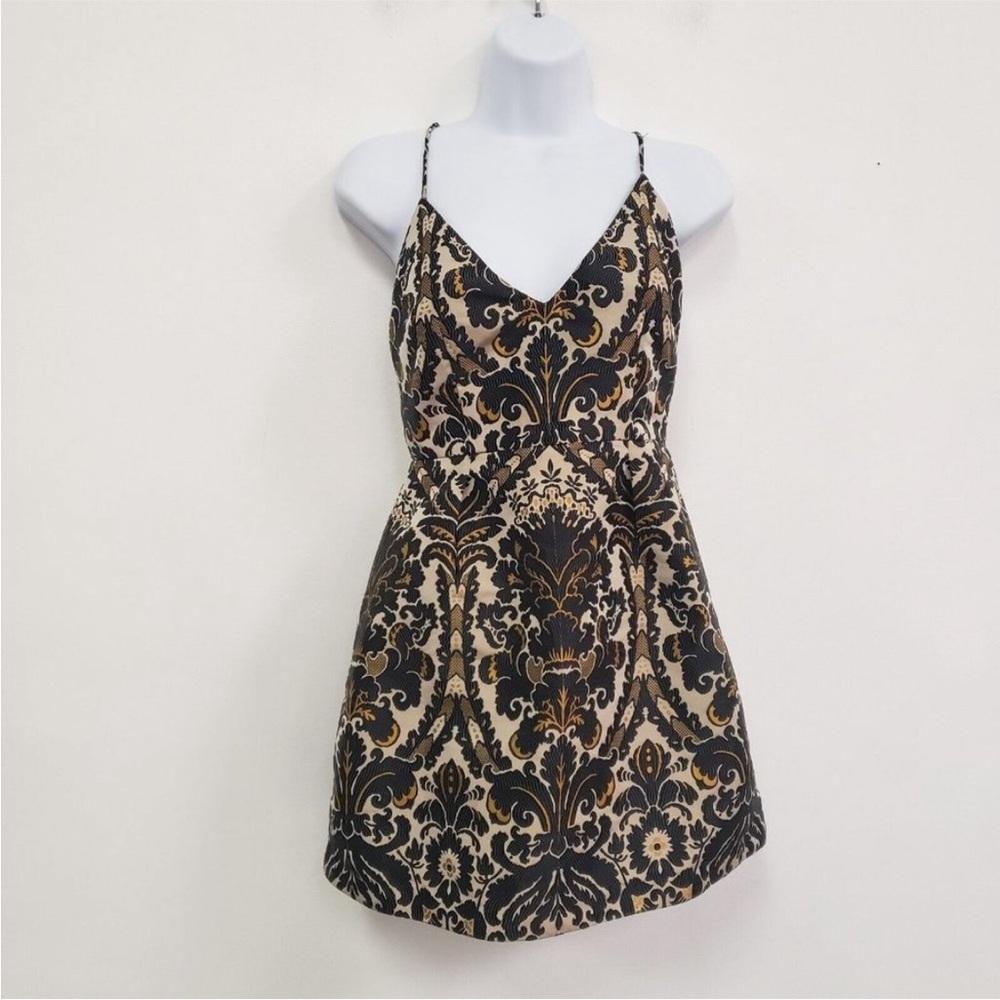 Free People Womens Queen Of Hearts Dress Size 0 Regency Pattern Mini Black Brown